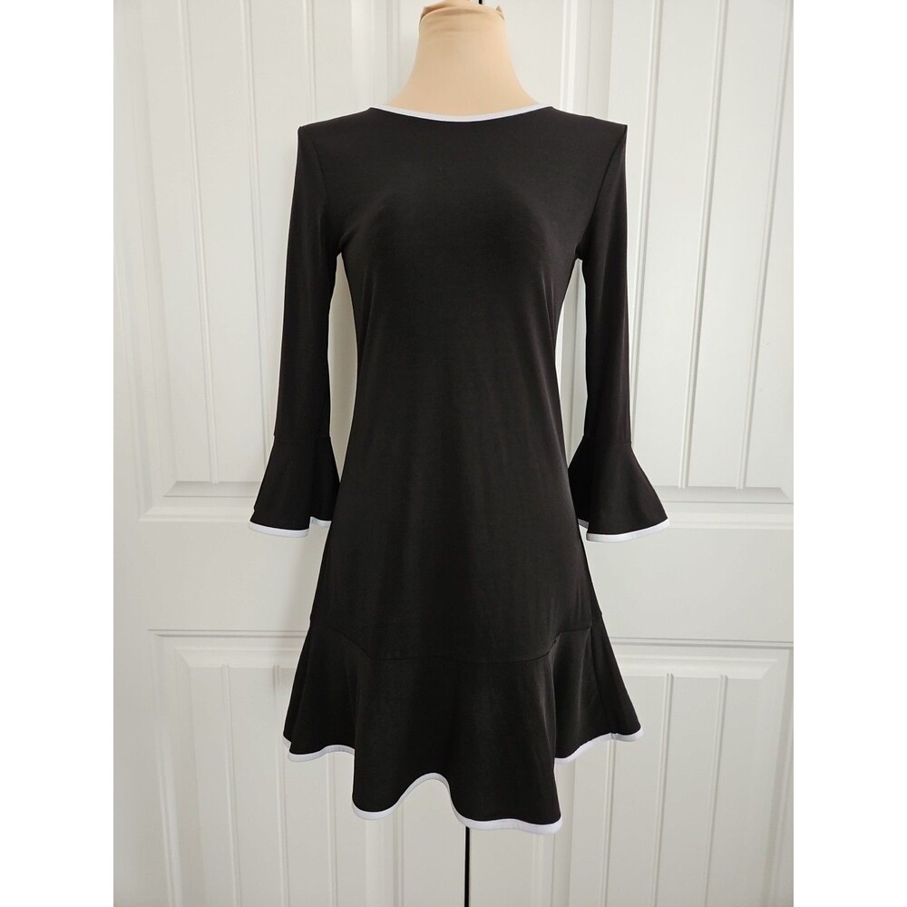MICHAEL Michael Kors Flounce Dress Black w/ White Trim Bell Sleeves XS